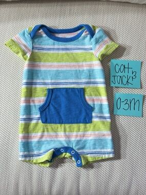 NWOT Cat & Jack Infant Striped One-Piece Romper in Blue, Lime, White, 0-3M